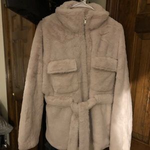 Cream/Taupe fuzzy jacket with belt